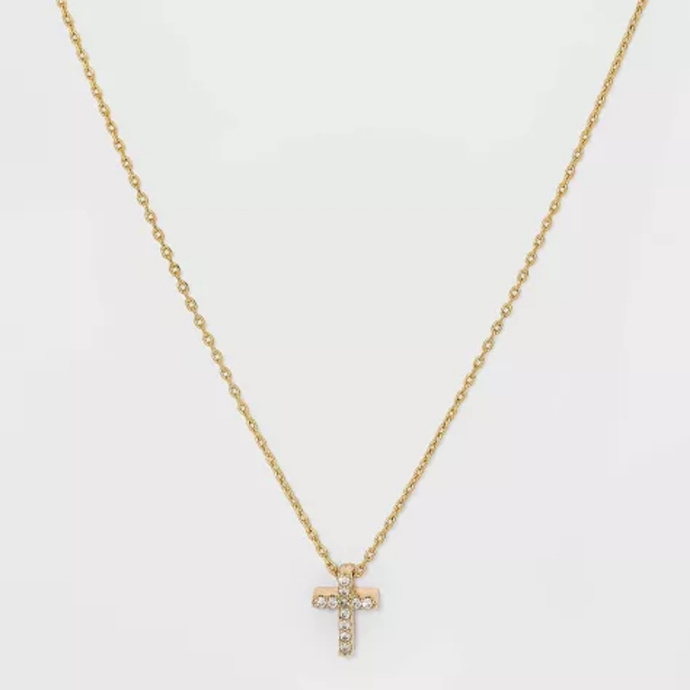 Silver Plated Gold Dipped Micro Pave Cubic Zirconia Cross Pendant Necklace